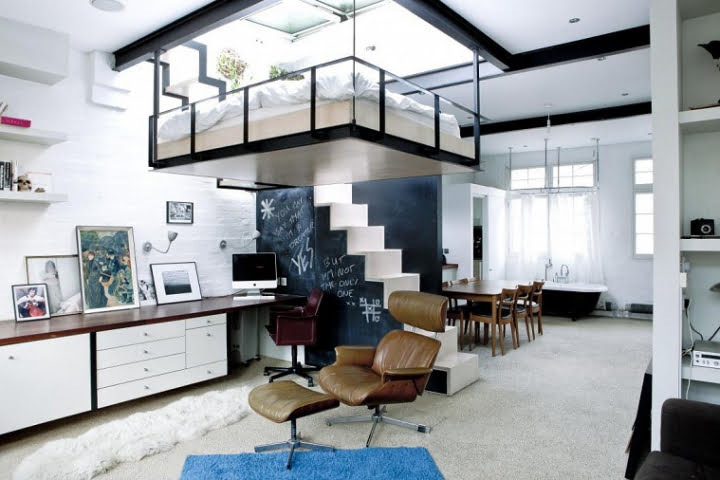 Small original studio mezzanine with suspended bed design,