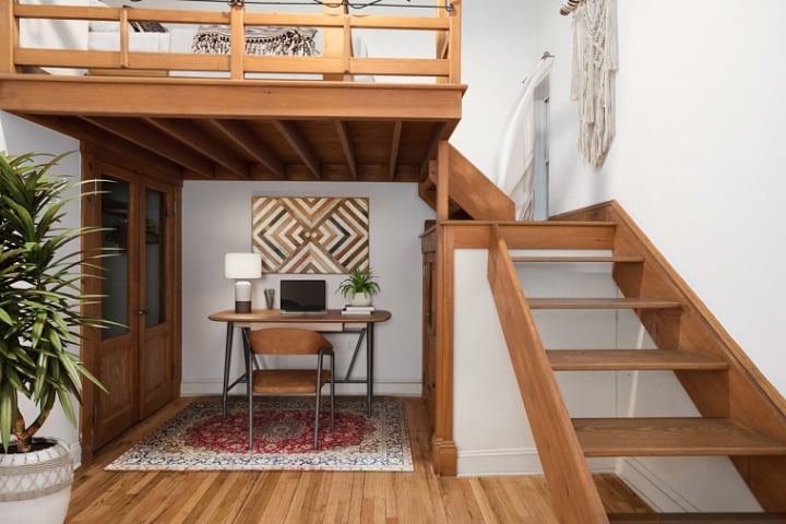 wooden stair in open mezzanine,