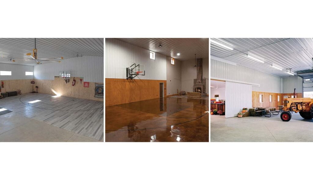 Barn houses, barn steel roof, steel sheet roofing system, tractor park, basketball ring, wooden floor,