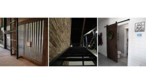 wooden wall, steel stair, hanging sliding door, tention cable railing, stone cladding,