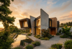 Modern concrete and wood home beside a reflecting pool at sunset