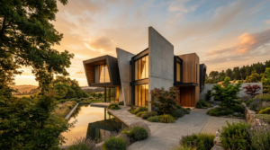 Modern concrete and wood home beside a reflecting pool at sunset