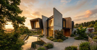 Modern concrete and wood home beside a reflecting pool at sunset